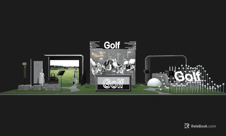 Golf Themed Exhibition Booth With Sign Golf Balls And Green Grass 3d model 