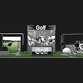Golf Themed Exhibition Booth With Sign Golf Balls And Green Grass