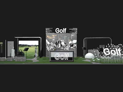 Golf Themed Exhibition Booth With Sign Golf Balls And Green Grass 3d model
