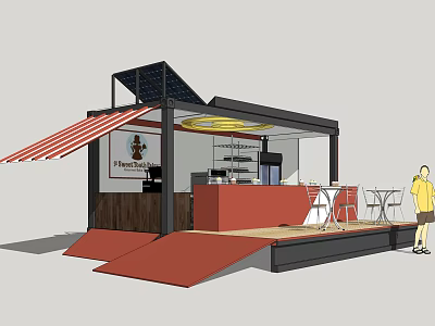 Mobile Food Cart With Solar Panels Red Awning Pedro's Sign Counter And Tables Chairs 3d model