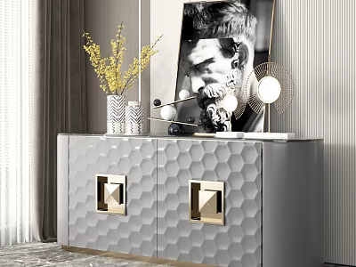 Modern Console Cabinet with Hexagonal Textured Surface Gold Handles and Top Vase Yellow Flowers Lamp 3d model