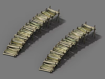 Two Traditional Bamboo Bridges With Simple Plank Structure And Supporting Poles 3d model