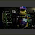Cartoon Art Studio Scene With Yellow Character Purple Hat Easel Paint Palette Colorful Floor Plants