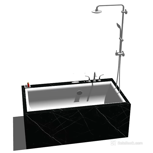 Elegant Black Marble Bathtub With Modern Faucet And Shower Fixture Design 3d model 