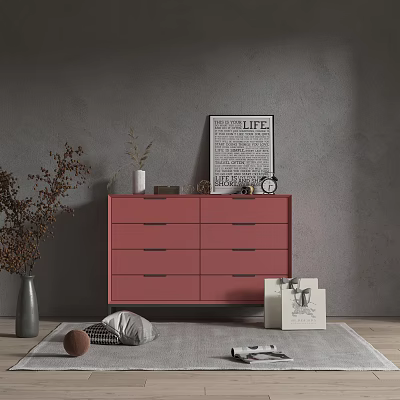 Pink Modern Dresser With Decorative Poster Alarm Clock And Books Near Gray Wall 3d model