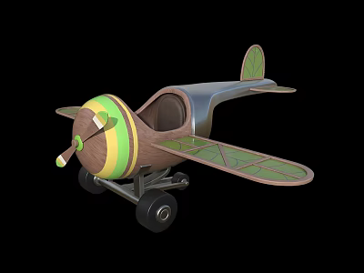 Wooden Toy Airplane With Green Yellow Propeller Brown Body And Black Wheels 3d model