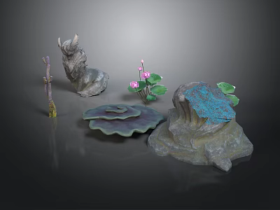 Scenic Decorative Components With Deer Sculpture Lotus Flowers Leaves And Rocks 3d model