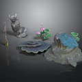Scenic Decorative Components With Deer Sculpture Lotus Flowers Leaves And Rocks