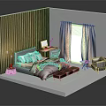 Cartoon Bedroom Scene With Wooden Wall Panels Bed Desk Chair Gray Armchair And Window Curtains