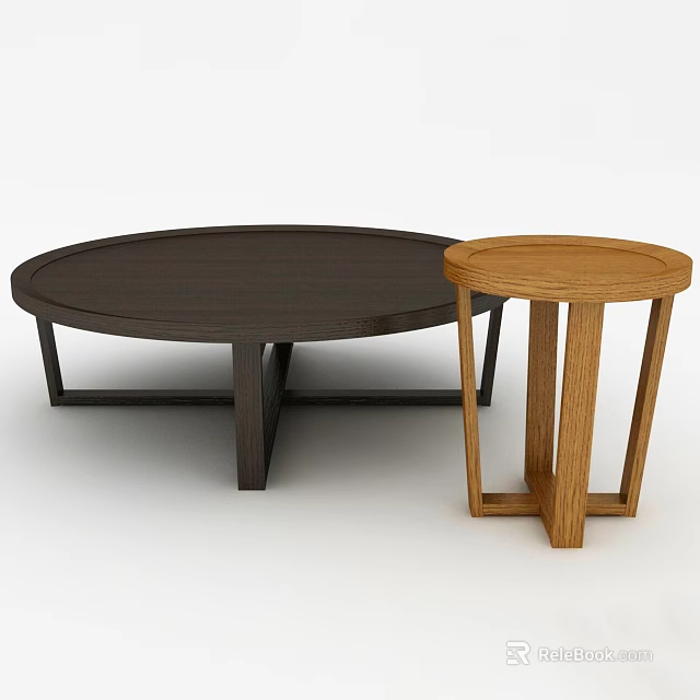 Light Wooden Round Side Table With Three Legs And Dark Oval Coffee Table 3d model