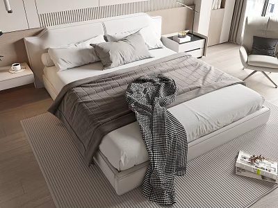 Modern Double Bed with White Headboard Gray Bedspread Pillows Nightstand Bench and Magazine on Rug 3d model