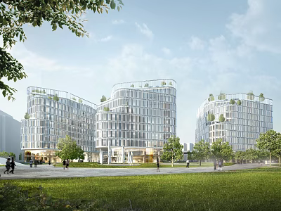 Modern Office Building With Glass Curtain Wall Green Roof And Lawn Area With Pedestrians 3d model