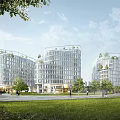 Modern Office Building With Glass Curtain Wall Green Roof And Lawn Area With Pedestrians