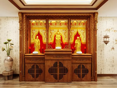 Traditional Wooden Buddhist Shrine Cabinet with Golden Buddha Statues Red Curtains and Intricate Carvings 3d model