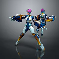 Pink Haired Game Movie Character In Blue White Orange Armor Holding Weapons In Combat Pose