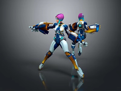 Pink Haired Game Movie Character In Blue White Orange Armor Holding Weapons In Combat Pose 3d model