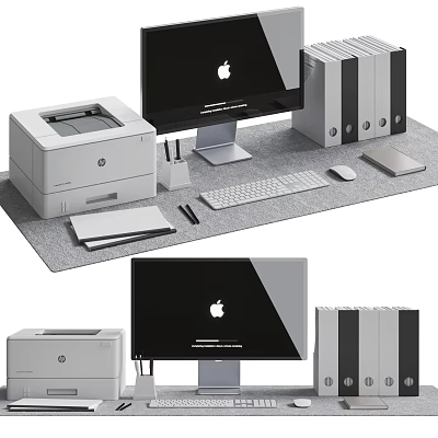 Apple Desktop Computer Setup With HP Printer Keyboard Mouse And File Organizers 3d model