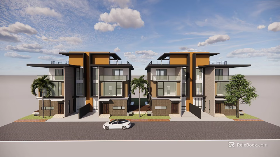Modern Duplex Villa Exterior With Yellow Gray Facade Palm Trees And Driveway 3d model 