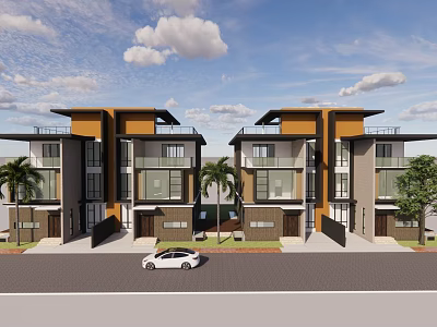 Modern Duplex Villa Exterior With Yellow Gray Facade Palm Trees And Driveway 3d model