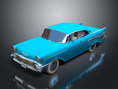Blue Classic Vintage Car With Shiny Exterior And Retro Body Design On Reflective Surface 3d model