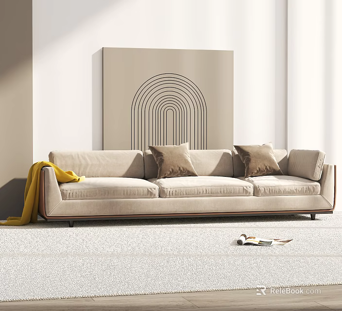 Modern Living Room With Beige Three-Seater Sofa Decorative Pillows Yellow Blanket And Modern Painting 3d model 