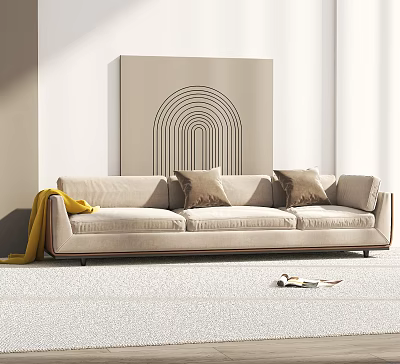 Modern Living Room With Beige Three-Seater Sofa Decorative Pillows Yellow Blanket And Modern Painting 3d model