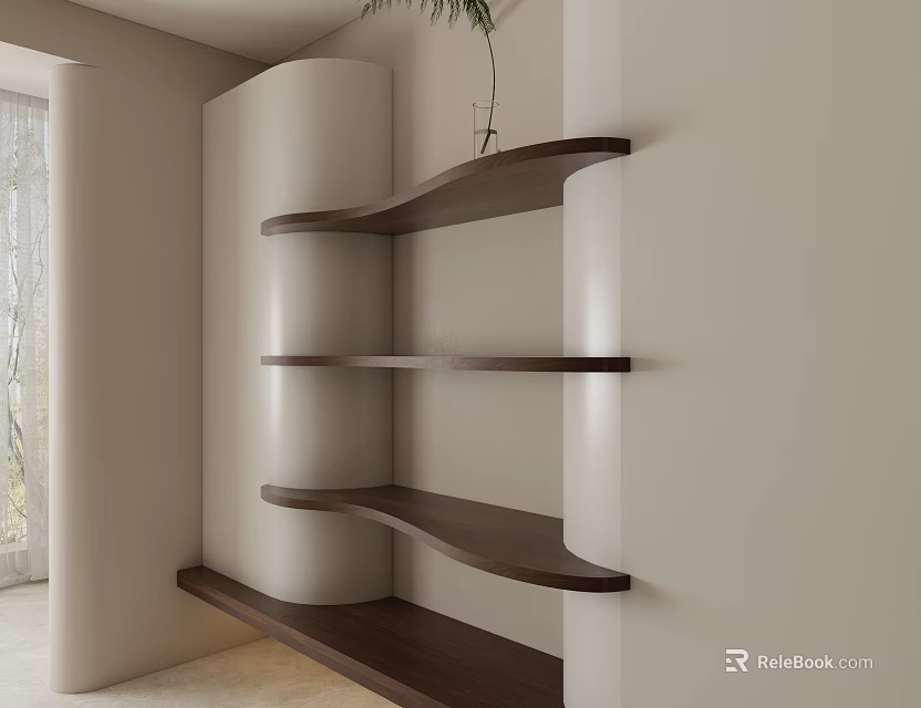 Modern Dining Living Room Interior Design With Curved Wooden Shelves Neutral Walls And Plant 3d model 