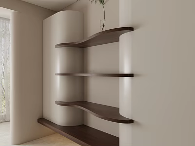Modern Dining Living Room Interior Design With Curved Wooden Shelves Neutral Walls And Plant 3d model