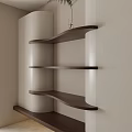 Modern Dining Living Room Interior Design With Curved Wooden Shelves Neutral Walls And Plant