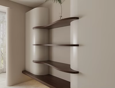Modern Dining Living Room Interior Design With Curved Wooden Shelves Neutral Walls And Plant 3d model