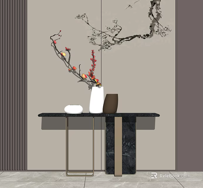 Elegant Console Table with Vase Flower Branches and Marble Top on Light Colored Wall 3d model