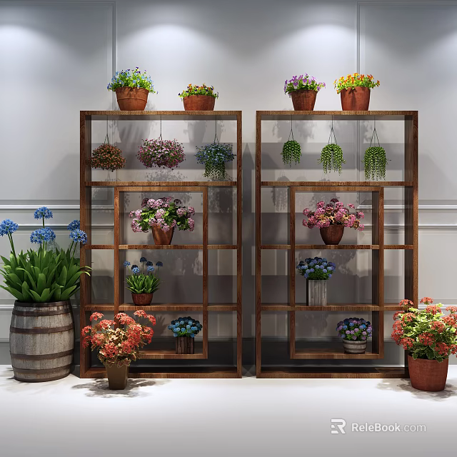 Bonsai Potted Plants On Wooden Shelves With Colorful Flowers Indoor 3d model 