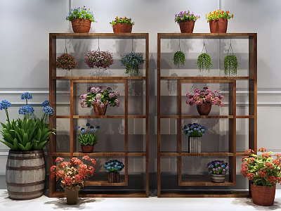 Bonsai Potted Plants On Wooden Shelves With Colorful Flowers Indoor 3d model
