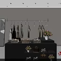 Clothing Store Interior with Hanging Clothes Display Counter Bags and Flower Bouquet Mirror Bright Design