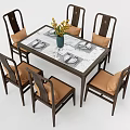 Dining Table Set With Six Chairs Marble Tabletop Yellow Flowers And Tableware 3d model
