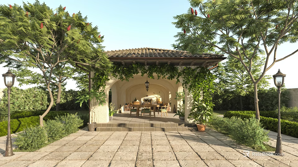 Beautiful Courtyard Garden Featuring Tiled Roof Pavilion Climbing Vines Stone Patio And Dining Chairs 3d model 