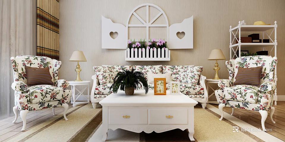 Cozy Living Room Floral Sofa And White Coffee Table Set With Heart Wall Decor 3d model 