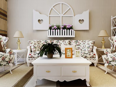 Cozy Living Room Floral Sofa And White Coffee Table Set With Heart Wall Decor 3d model