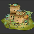 Cartoon Scene of Earth Yellow Two Story Hut With Palm Trees Stall and Green Grass