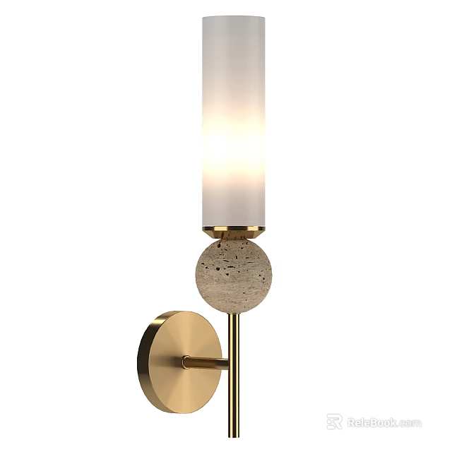 Minimalist Modern Brass Wall Light With Cylindrical Glass Shade And Stone Ball Accent 3d model 
