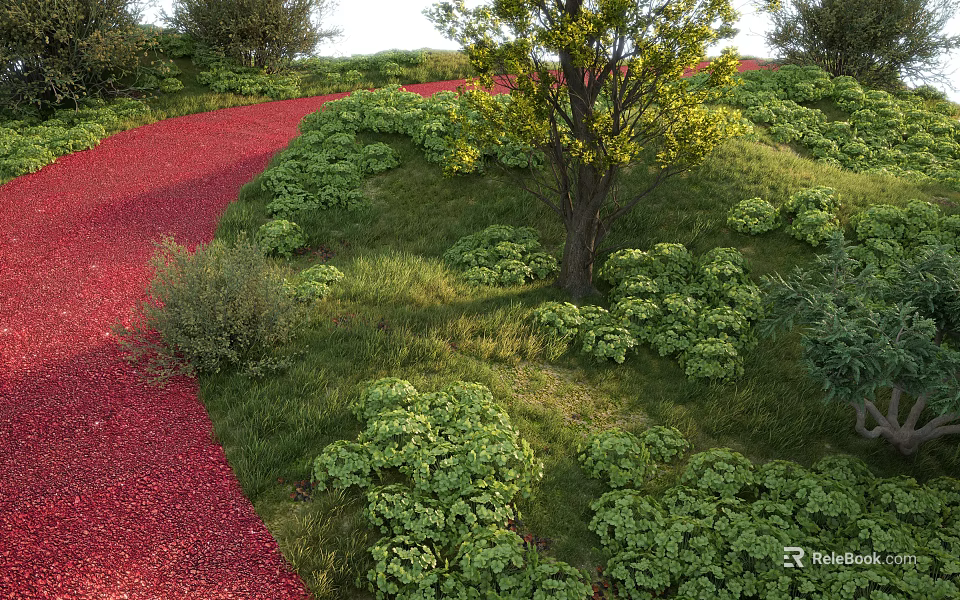 Beautiful Flowers and Plants Along Red Path in Green Grassy Landscape With Trees 3d model 