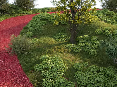 Beautiful Flowers and Plants Along Red Path in Green Grassy Landscape With Trees 3d model
