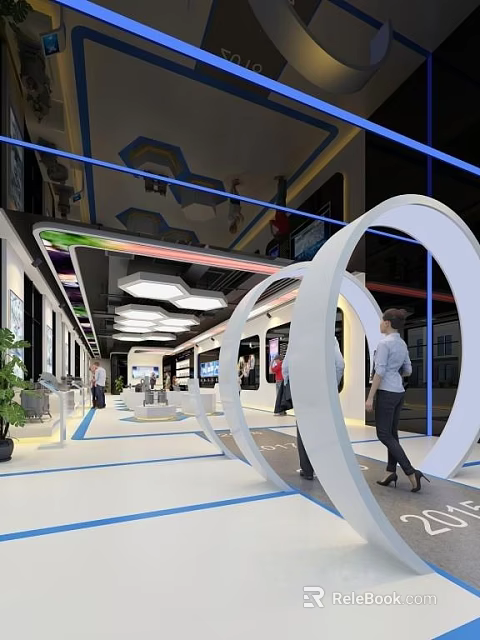 Modern Exhibition Hall Featuring White Curved Structures Blue Lighting And Visitors 3d model
