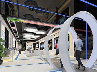 Modern Exhibition Hall Featuring White Curved Structures Blue Lighting And Visitors 3d model
