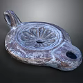 Ancient Stone Carved Sculpture With Two Handles Central Floral Pattern And Worn Surface 3d model