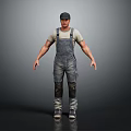 Male Worker In Denim Overalls And Cap Standing Full Body Front View