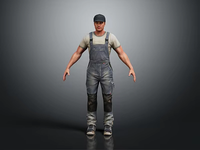 Male Worker In Denim Overalls And Cap Standing Full Body Front View 3d model