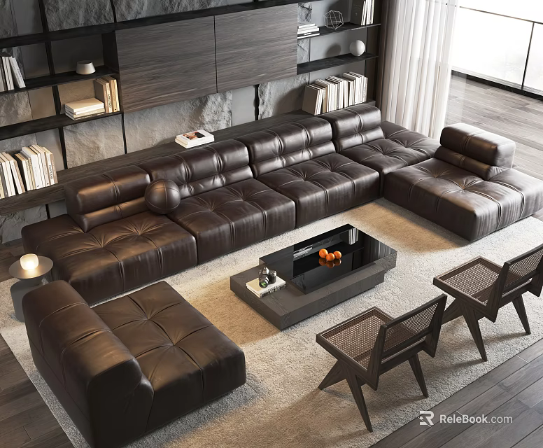 Modern Brown Leather Sofa And Coffee Table Set With Chairs In Living Room With Bookshelves 3d model 