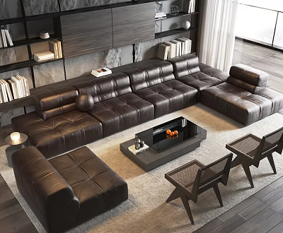 Modern Brown Leather Sofa And Coffee Table Set With Chairs In Living Room With Bookshelves 3d model