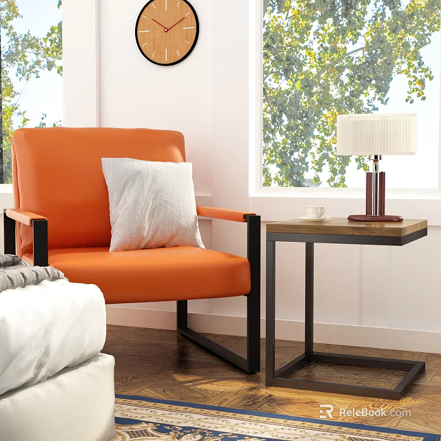 Orange Single Seater Sofa With White Cushion Black Metal Armrests And Side Table 3d model 